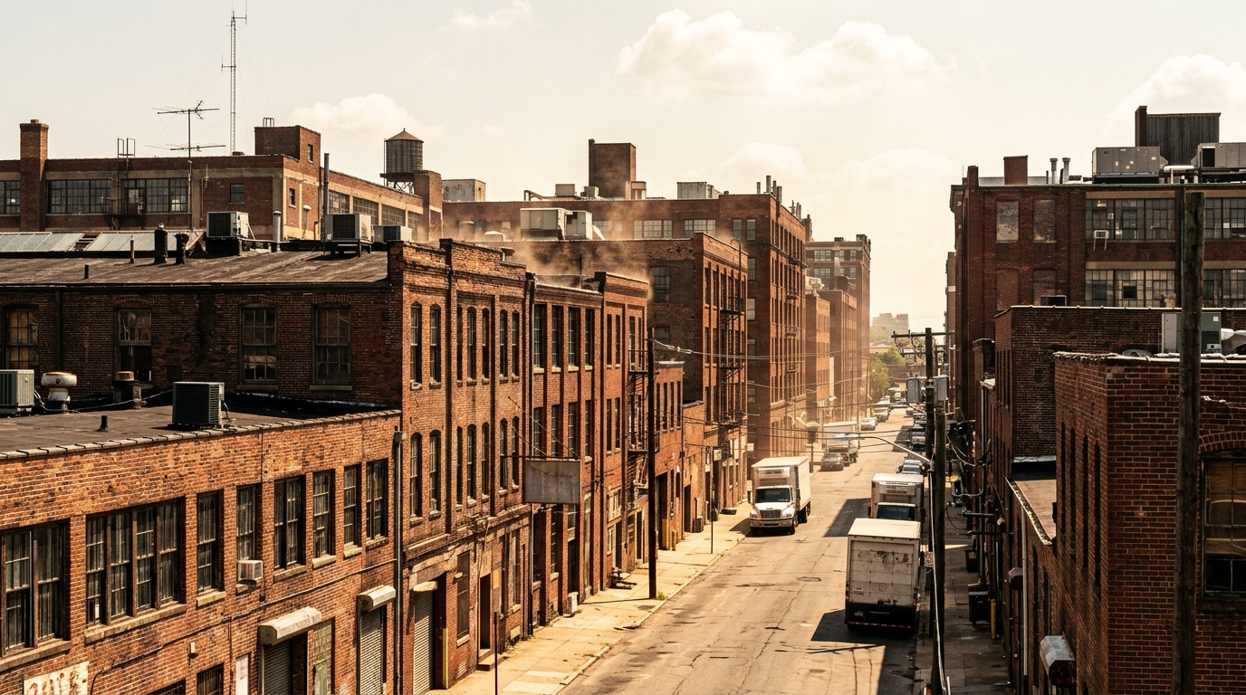 Rue urbaine dense écrasée par la chaleur estivale