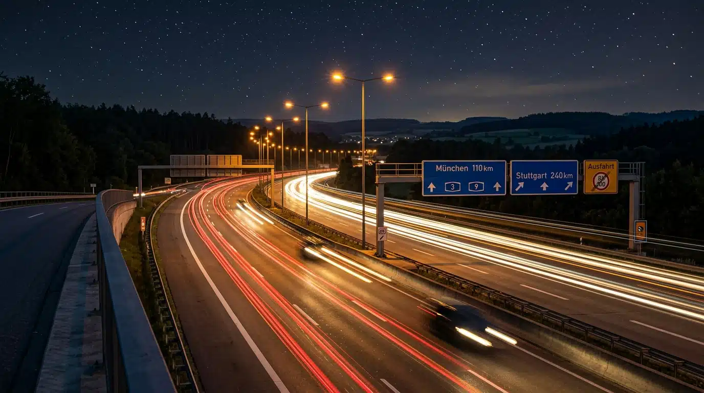 Autoroute allemande de nuit avec traînées lumineuses de phares