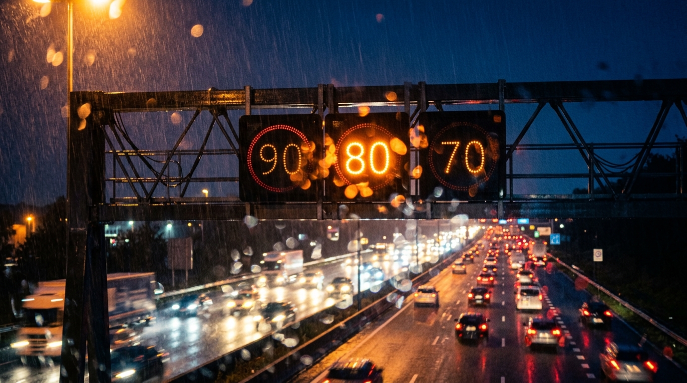 Panneau lumineux de vitesse adaptative sur autoroute sous la pluie