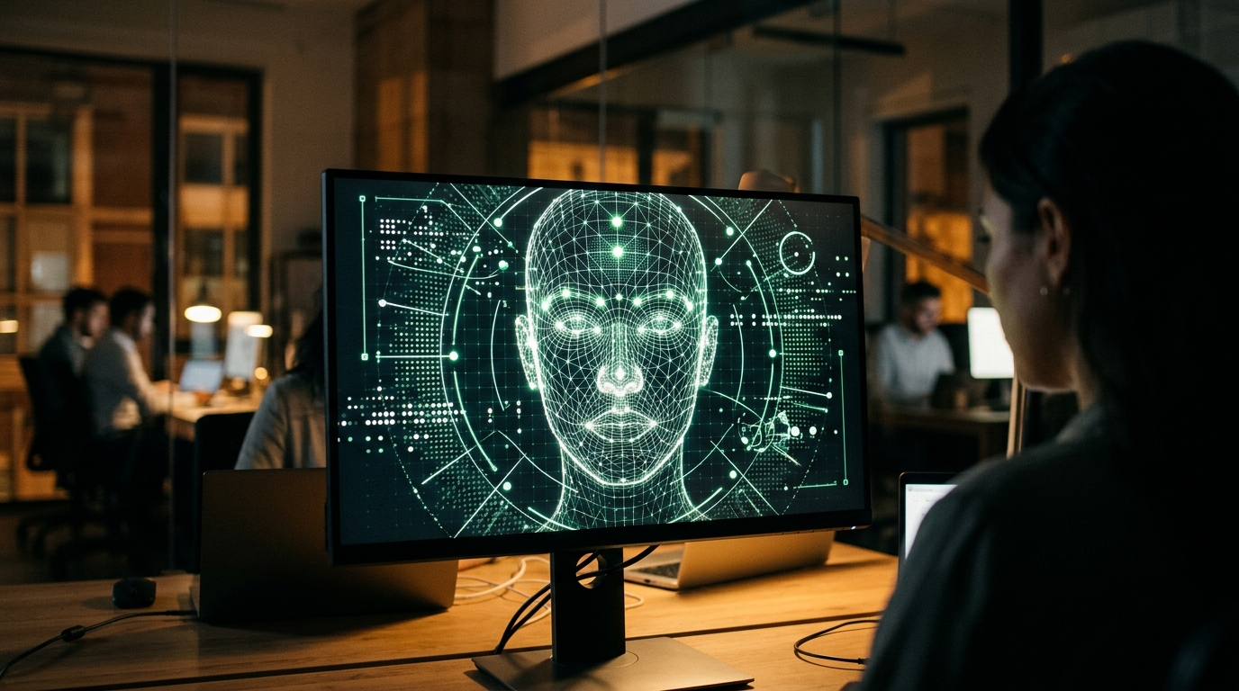 Écran affichant une grille de cartographie biométrique du visage