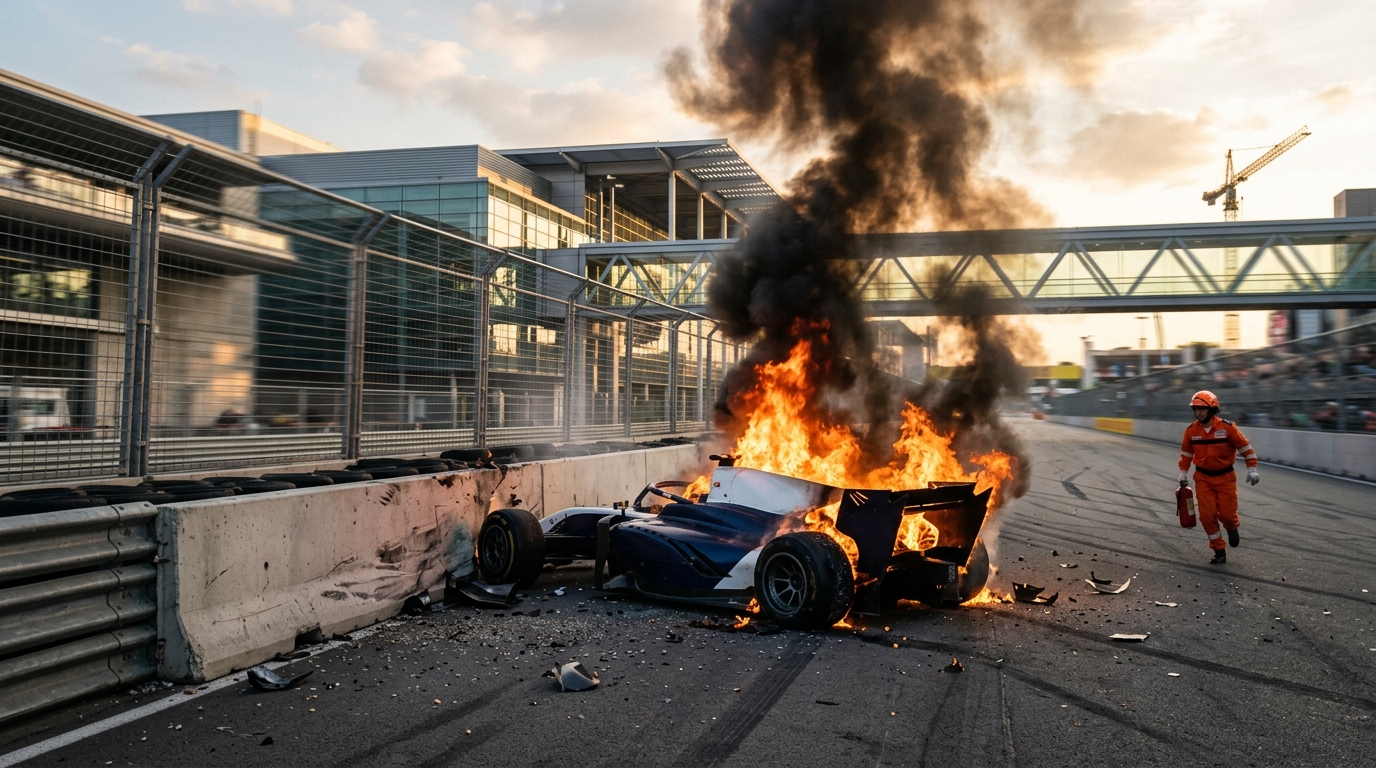 Monoplace de F2 en feu contre un mur de piste