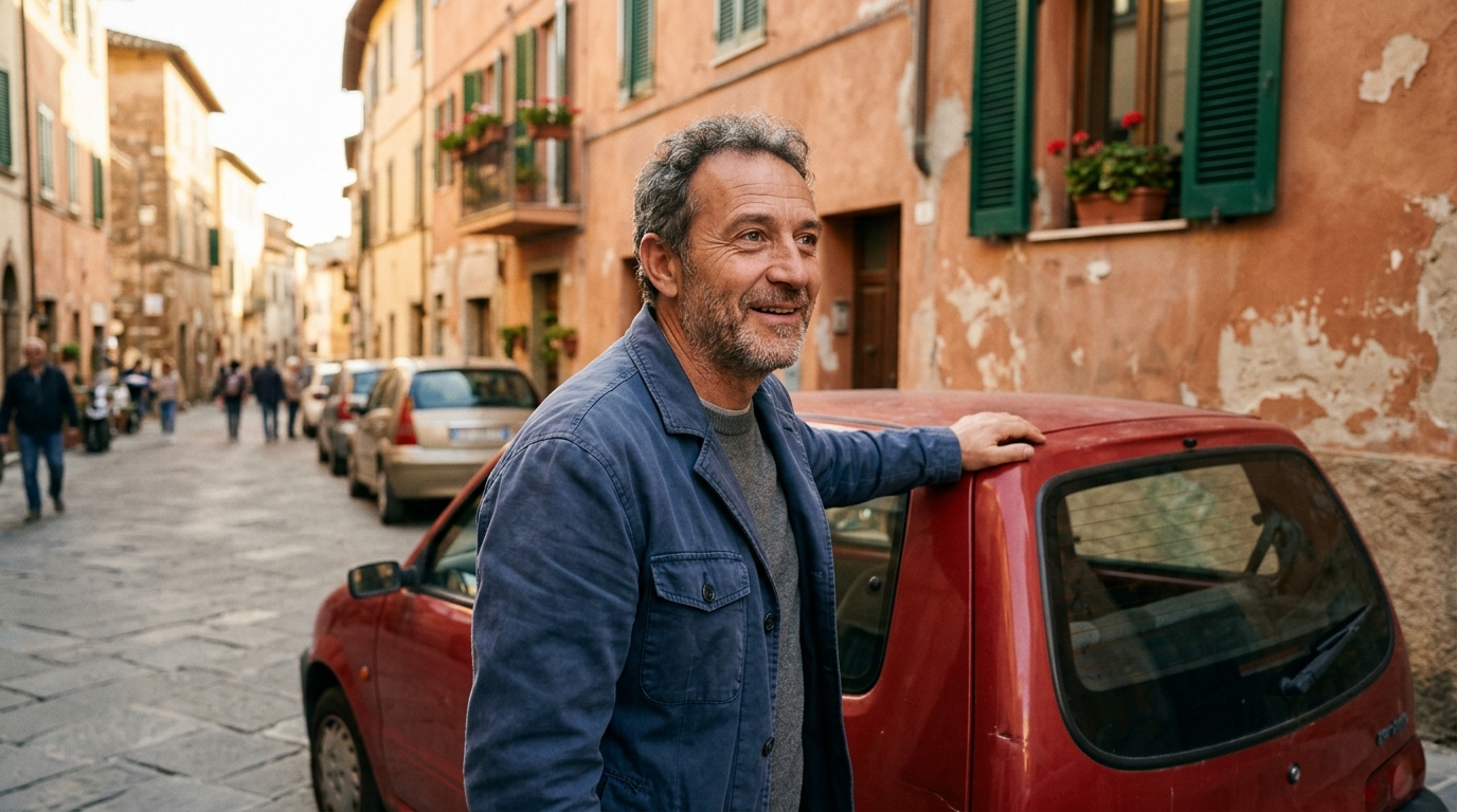 Automobiliste italien souriant près de sa petite voiture