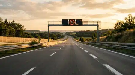 Autoroute européenne vide au coucher du soleil
