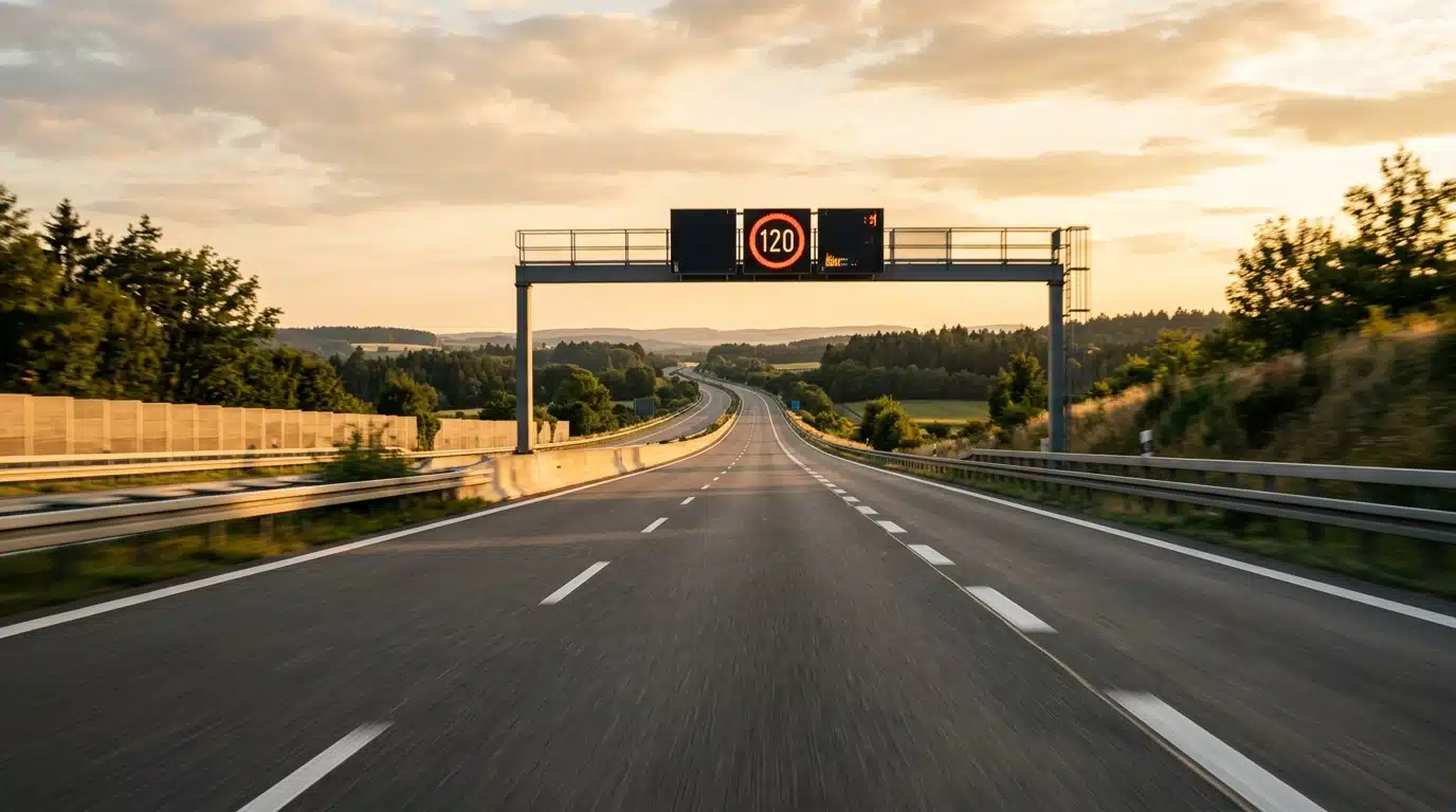 Autoroute européenne vide au coucher du soleil