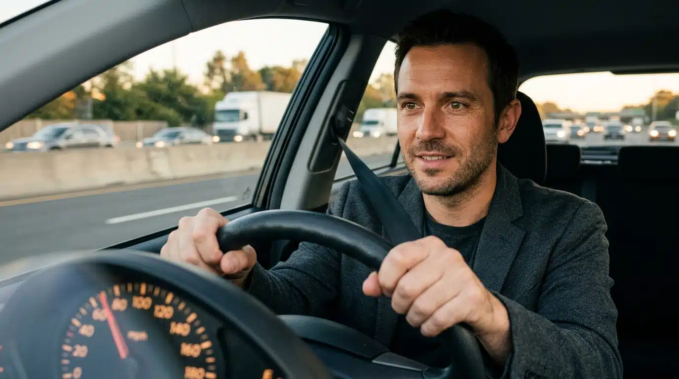 Conducteur concentré au volant sur autoroute
