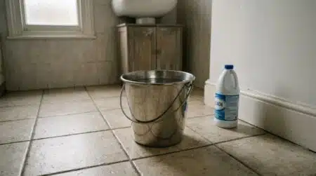 Seau d'eau posé au sol dans une salle de bain vide