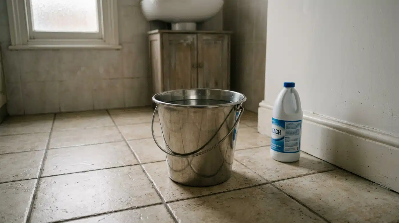 Seau d'eau posé au sol dans une salle de bain vide