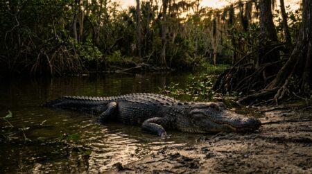 Alligator géant émergeant d'une eau trouble en Floride