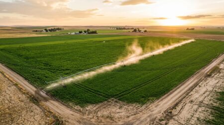 Champ agricole irrigué vu du ciel au coucher du soleil