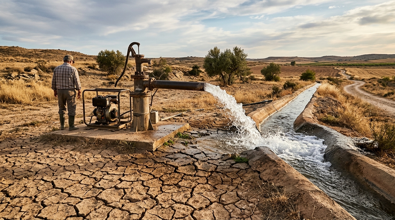 Pompe extrayant l'eau souterraine dans un canal d'irrigation