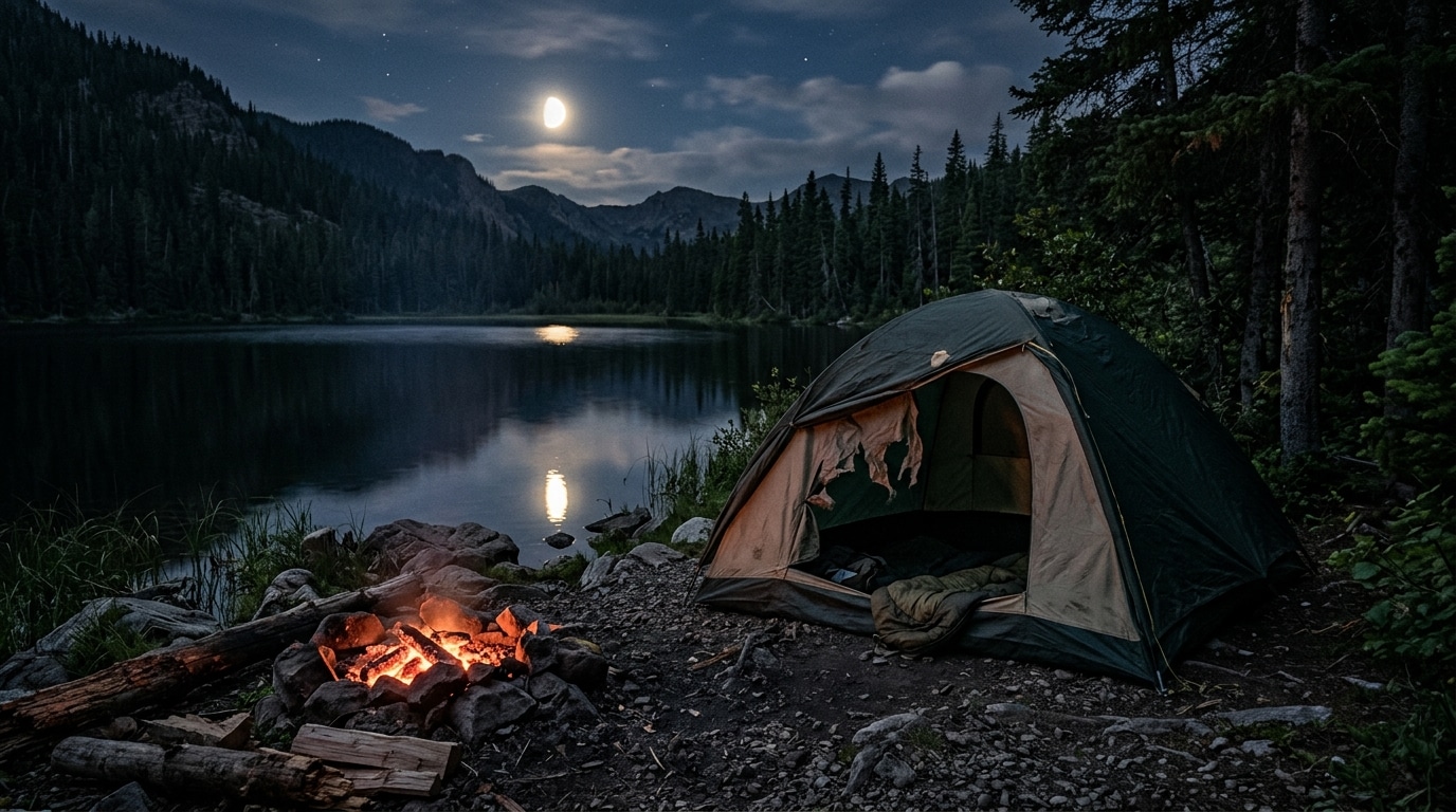 Tente de camping ouverte près d'un lac de nuit