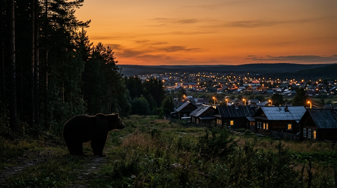 Ours brun rôdant près d'une ville sibérienne au crépuscule