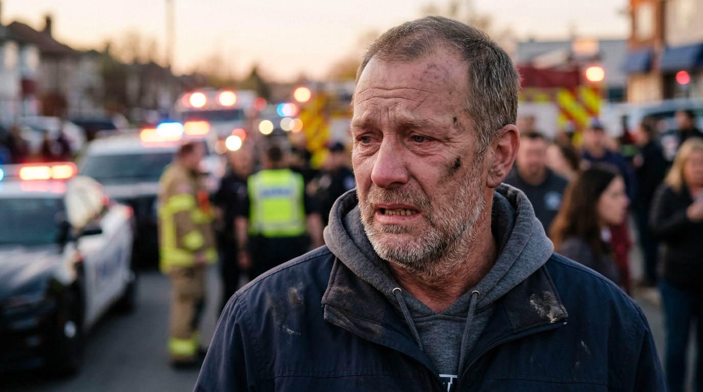Homme au visage épuisé près de véhicules de secours