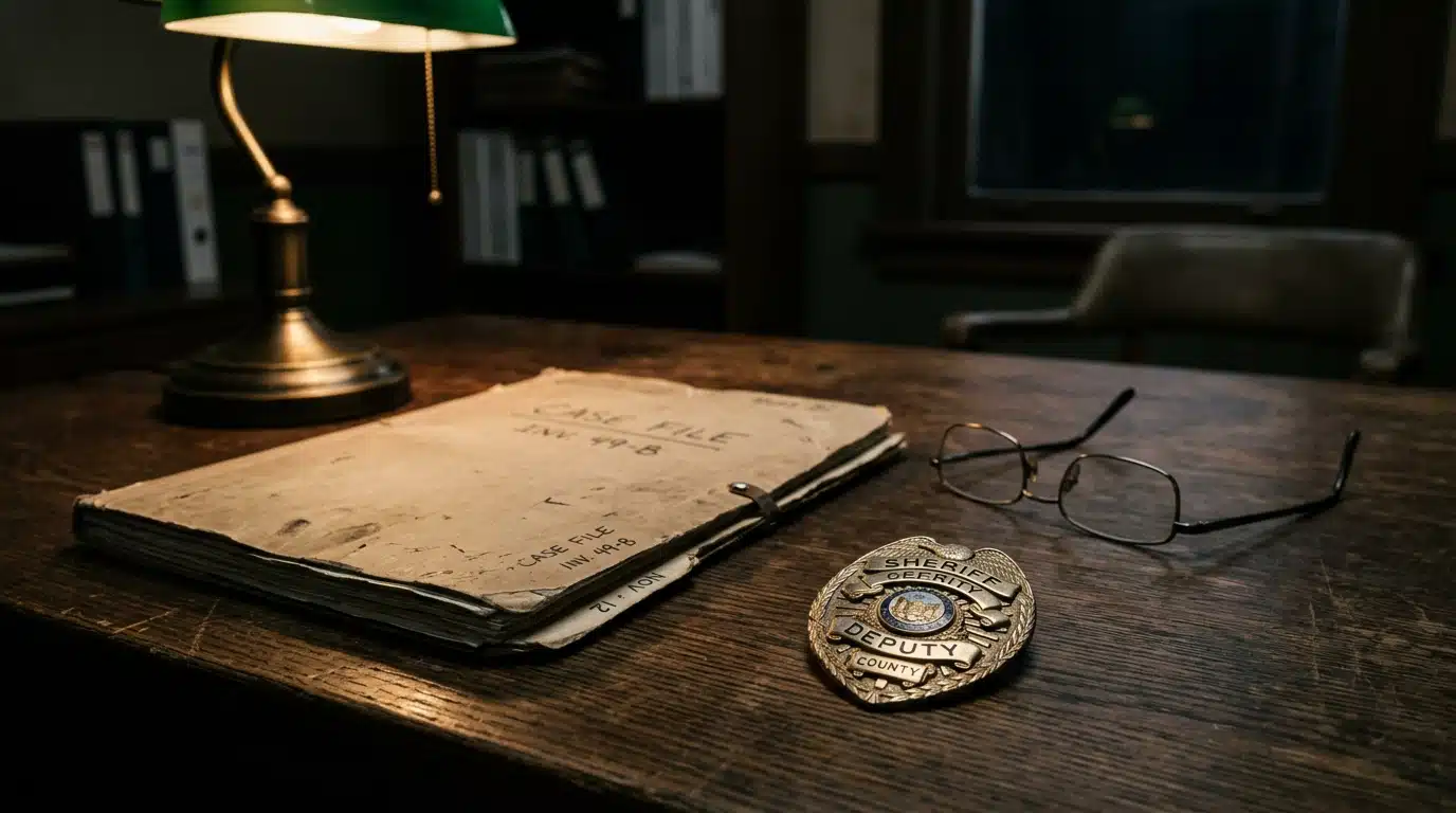 Badge de shérif posé sur un dossier d'enquête fermé