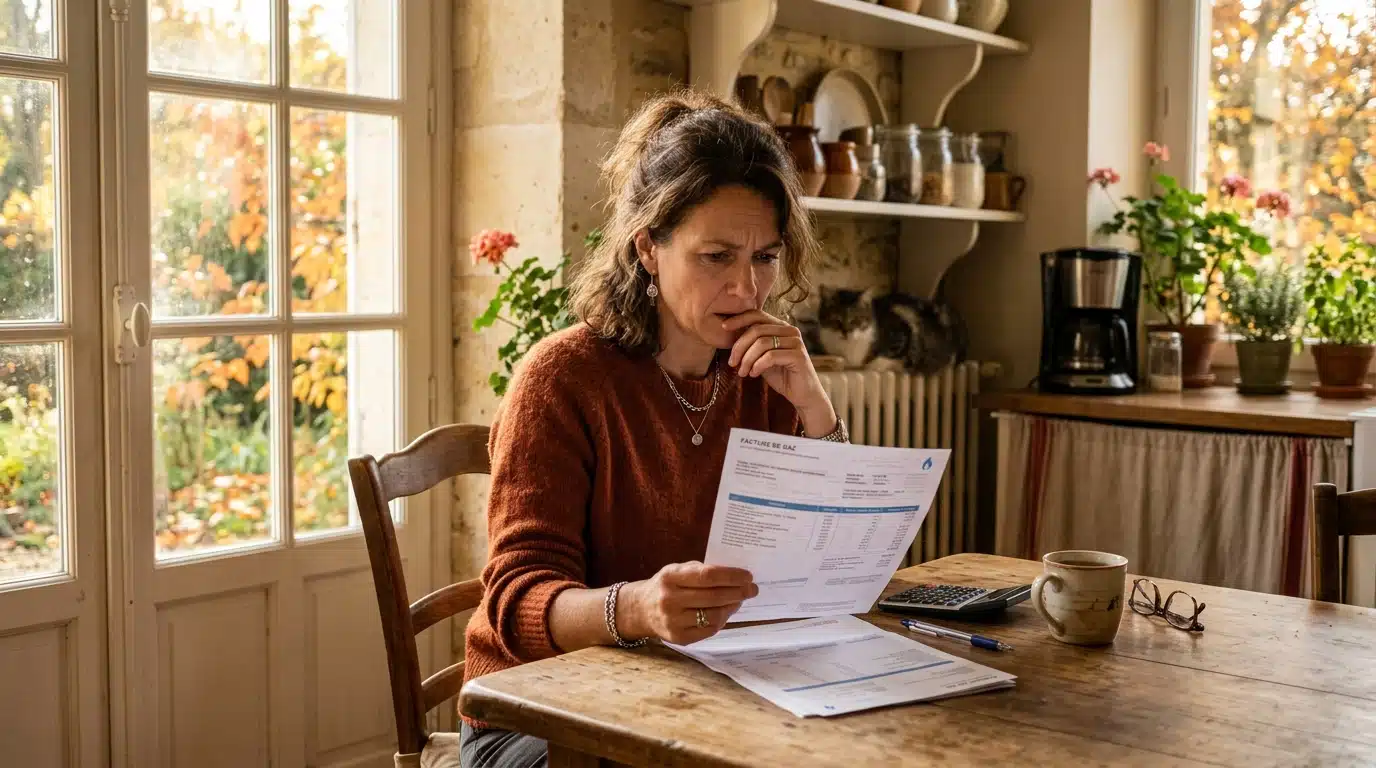 Femme inquiète consultant sa facture de gaz à la maison