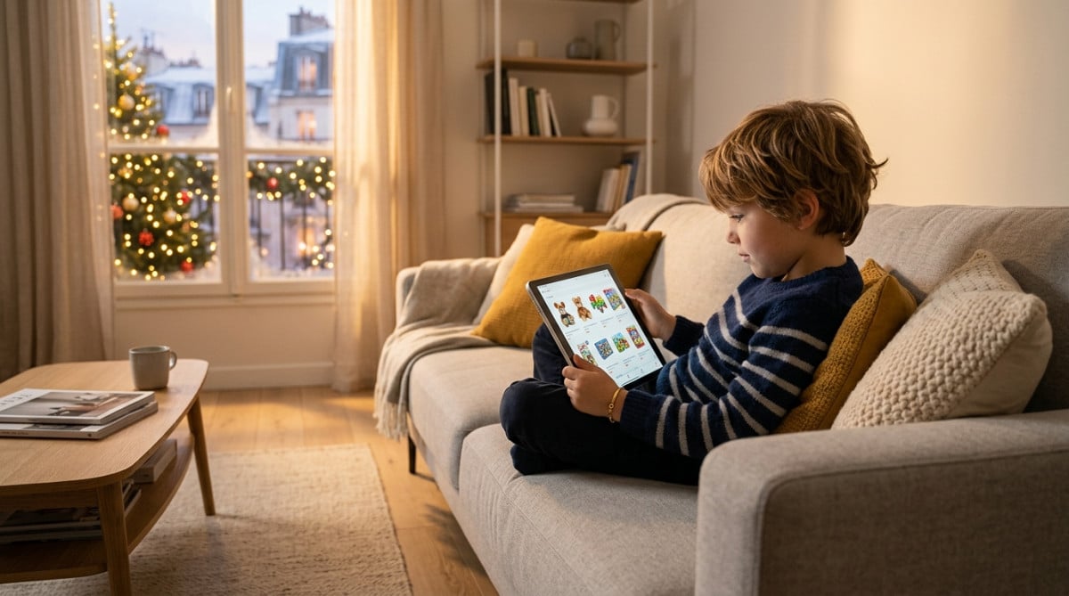 Enfant choisit ses jouets de Noël sur une tablette en 2026