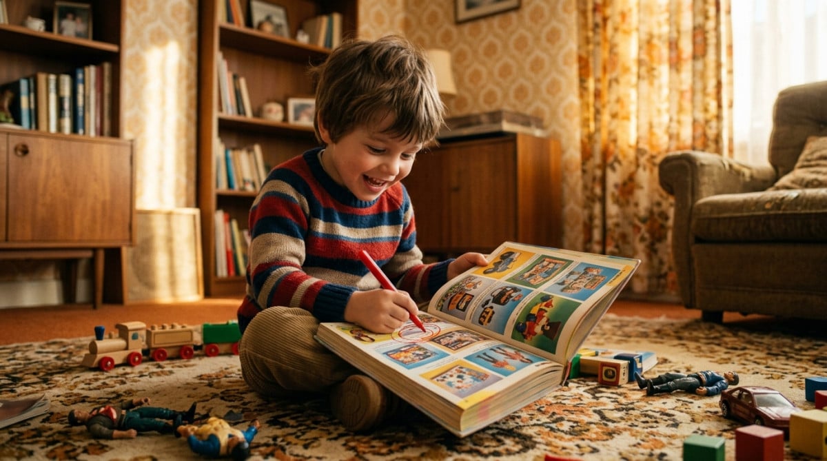 Enfant coche des jouets dans un catalogue papier des années 80