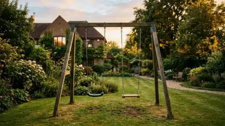 Balançoire vide dans un jardin résidentiel calme