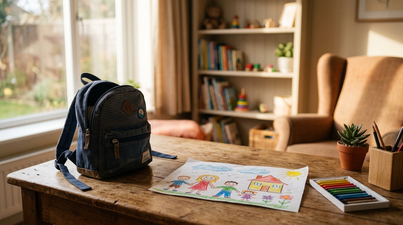 Cartable et dessin d'enfant sur une table de thérapeute