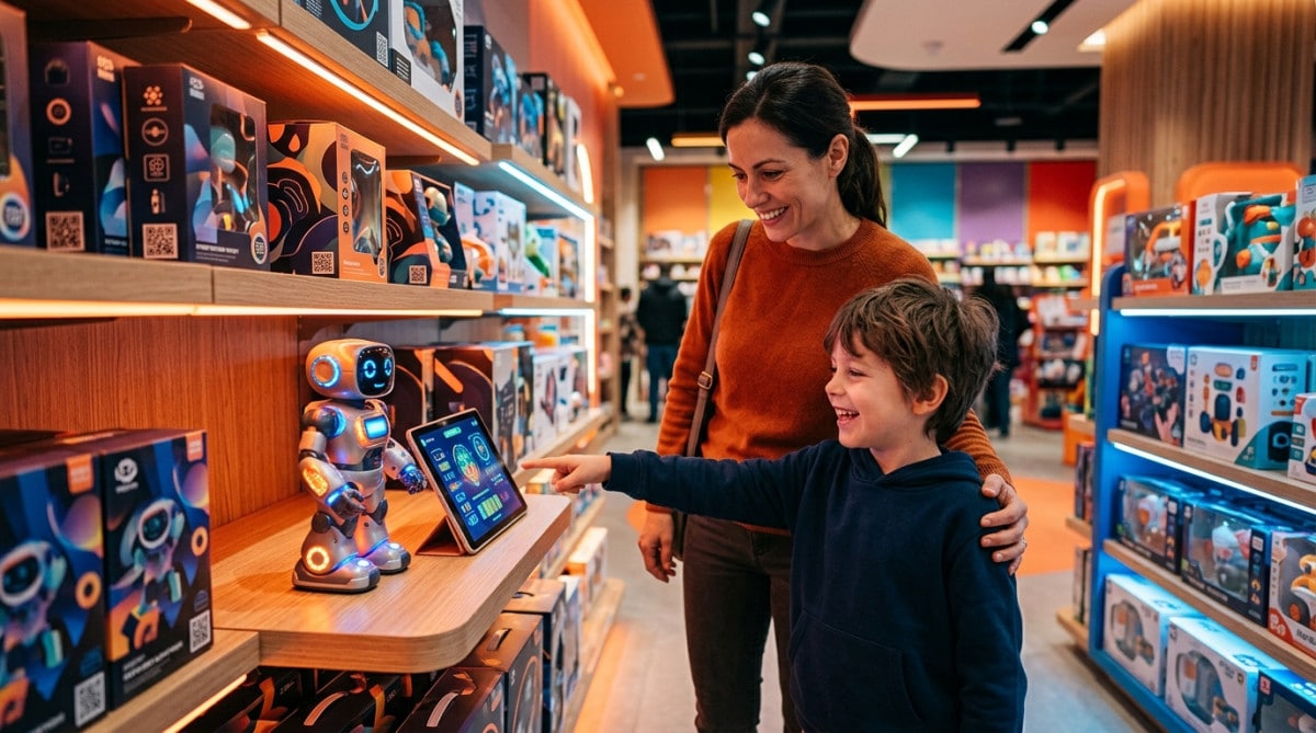 Enfant découvrant robot jouet connecté en 2026