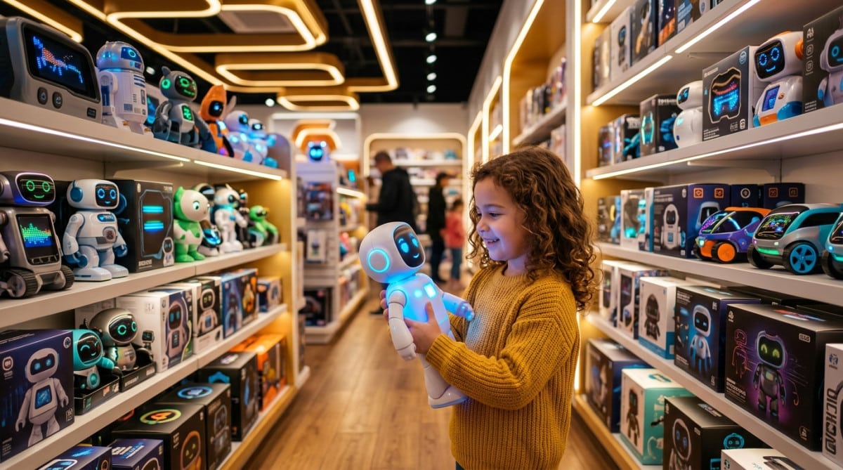 Enfant découvrant un jouet connecté en 2026