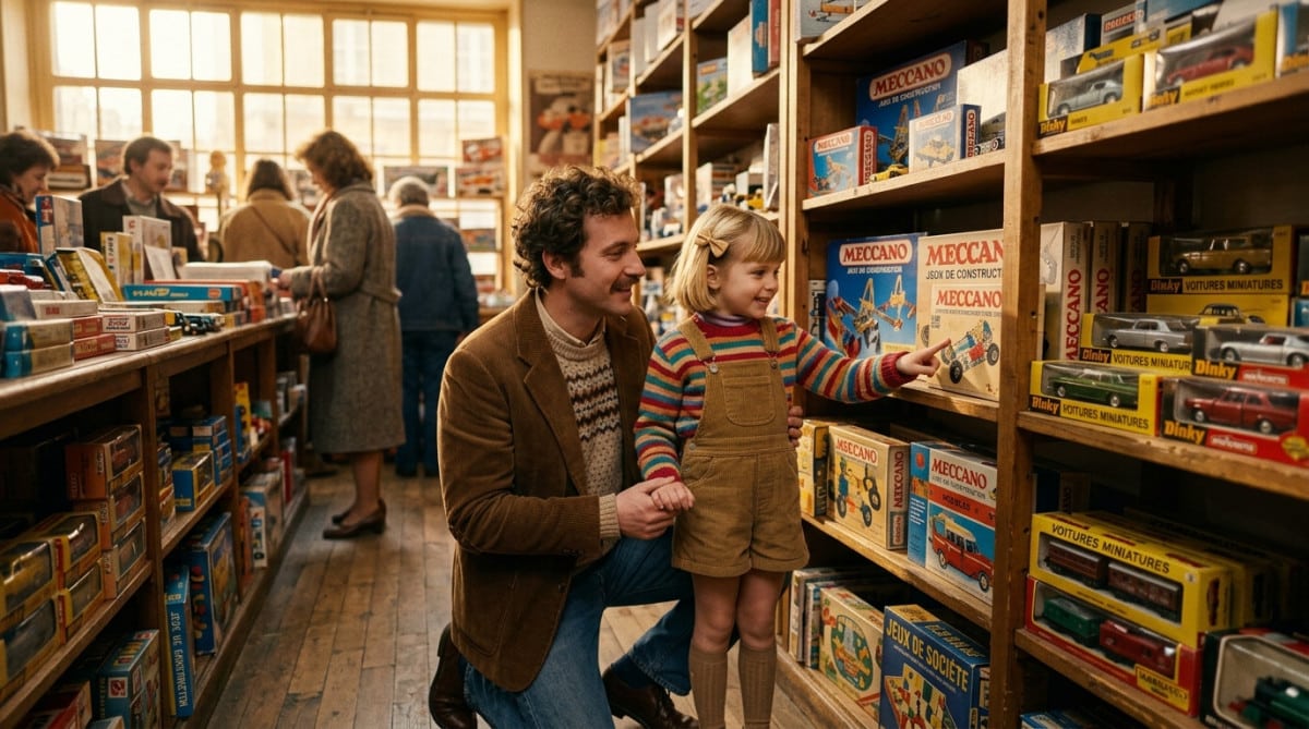 Enfant et père devant rayon jouets vintage 1985