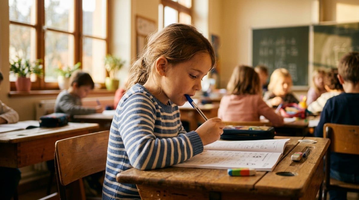 Enfant mordillant un capuchon de stylo en classe
