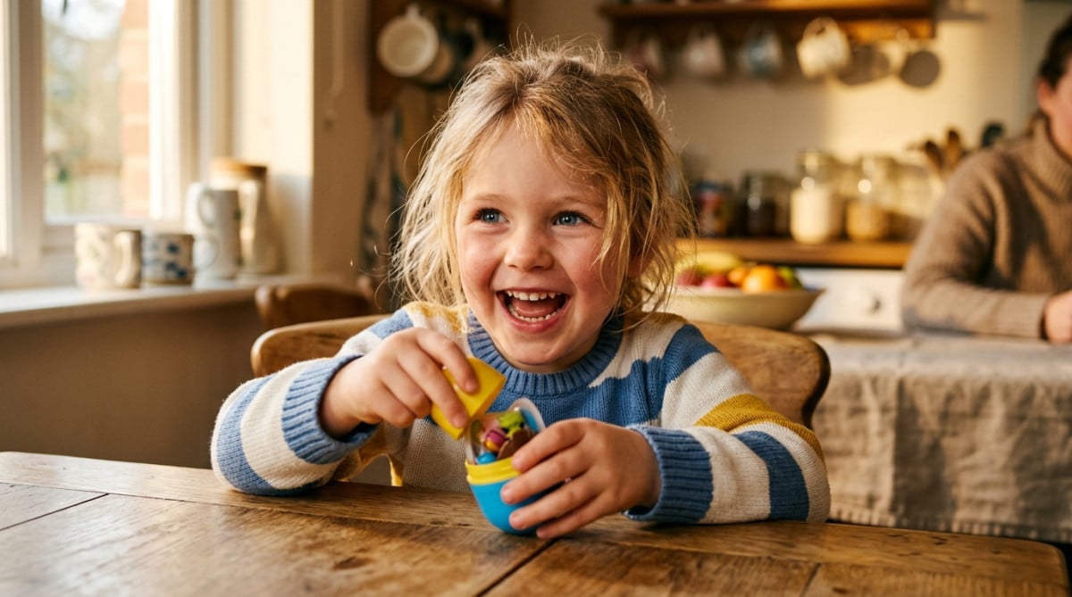 Enfant ouvrant une capsule de jouet en chocolat