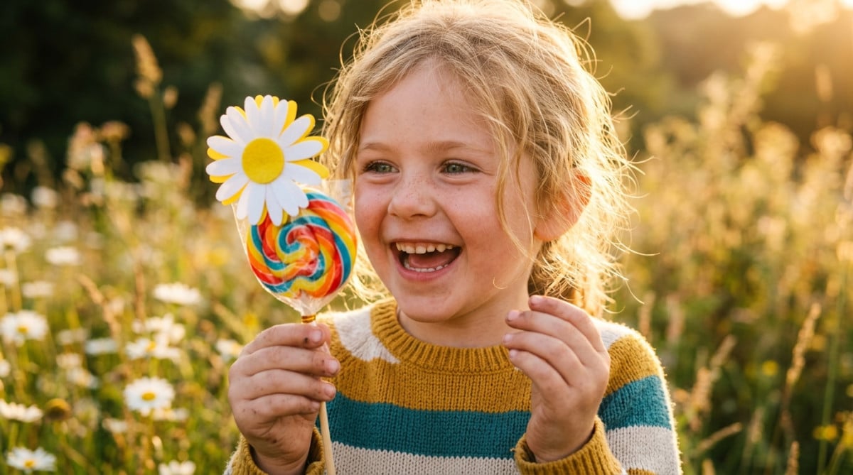 Enfant souriant tenant une sucette avec un emballage à motif marguerite