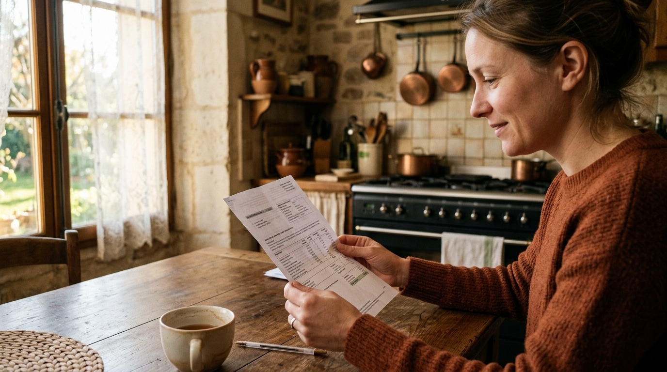 Personne tenant une facture d'énergie à table
