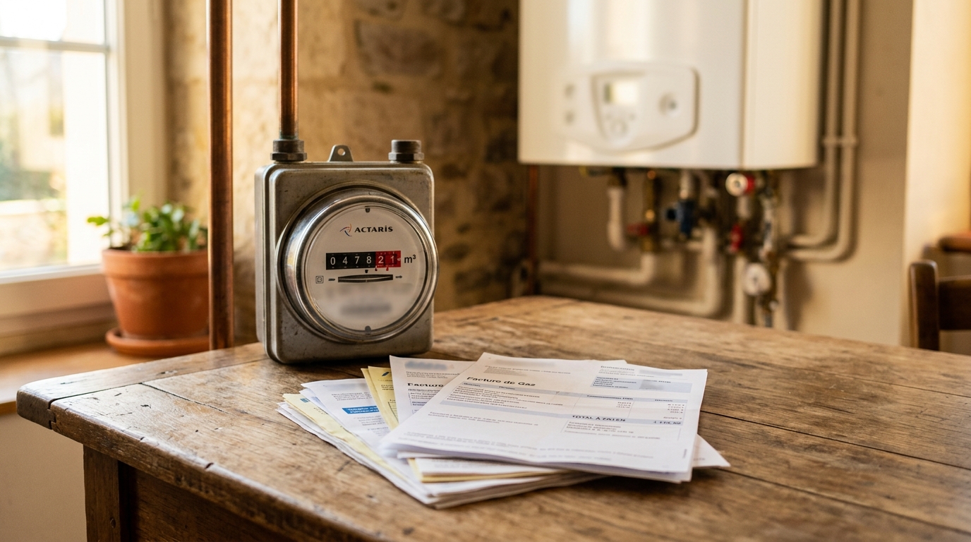 Compteur et factures d'énergie sur une table en bois