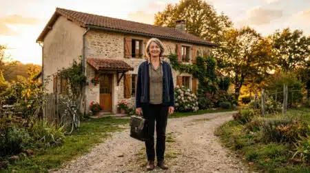 Enseignant devant un logement de fonction en zone rurale