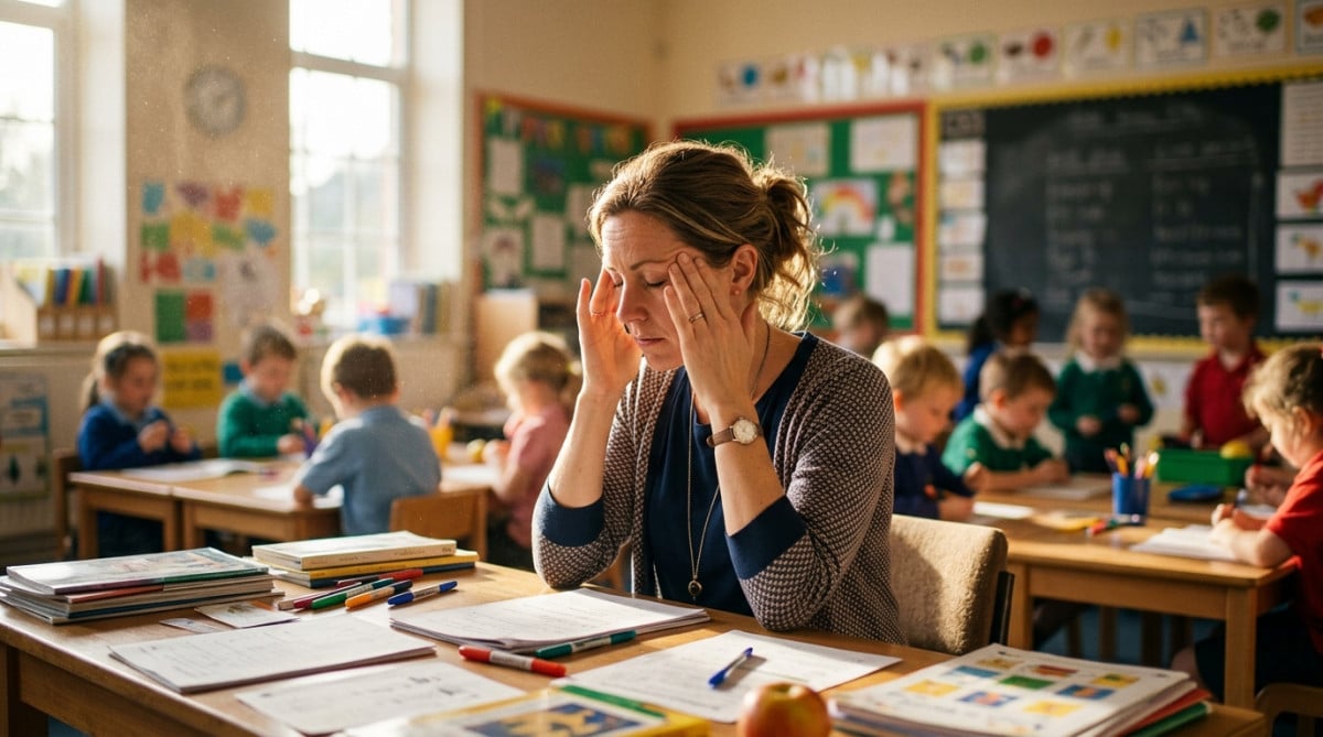Enseignant se massant les tempes en classe