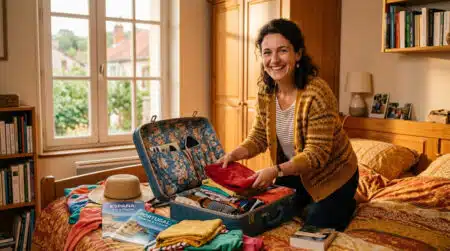 Enseignante française préparant sa valise pour les vacances