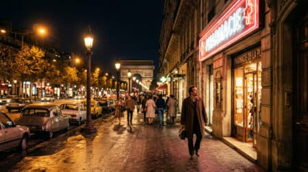 Enseigne lumineuse d'un drugstore parisien la nuit
