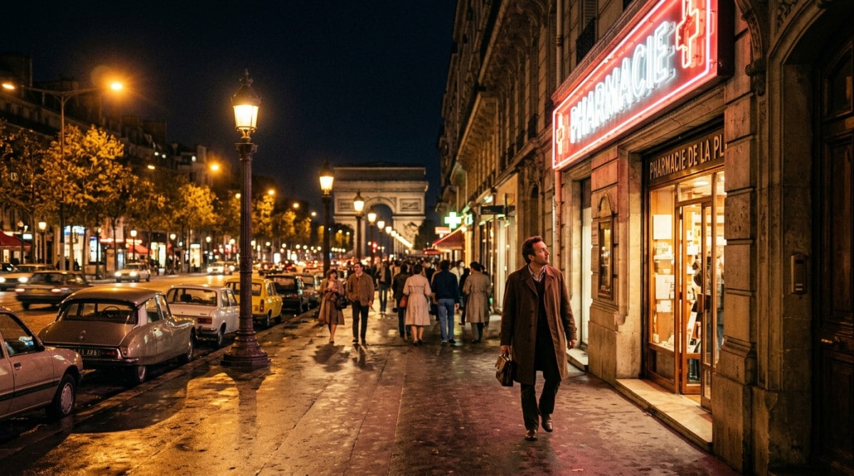 Enseigne lumineuse d'un drugstore parisien la nuit