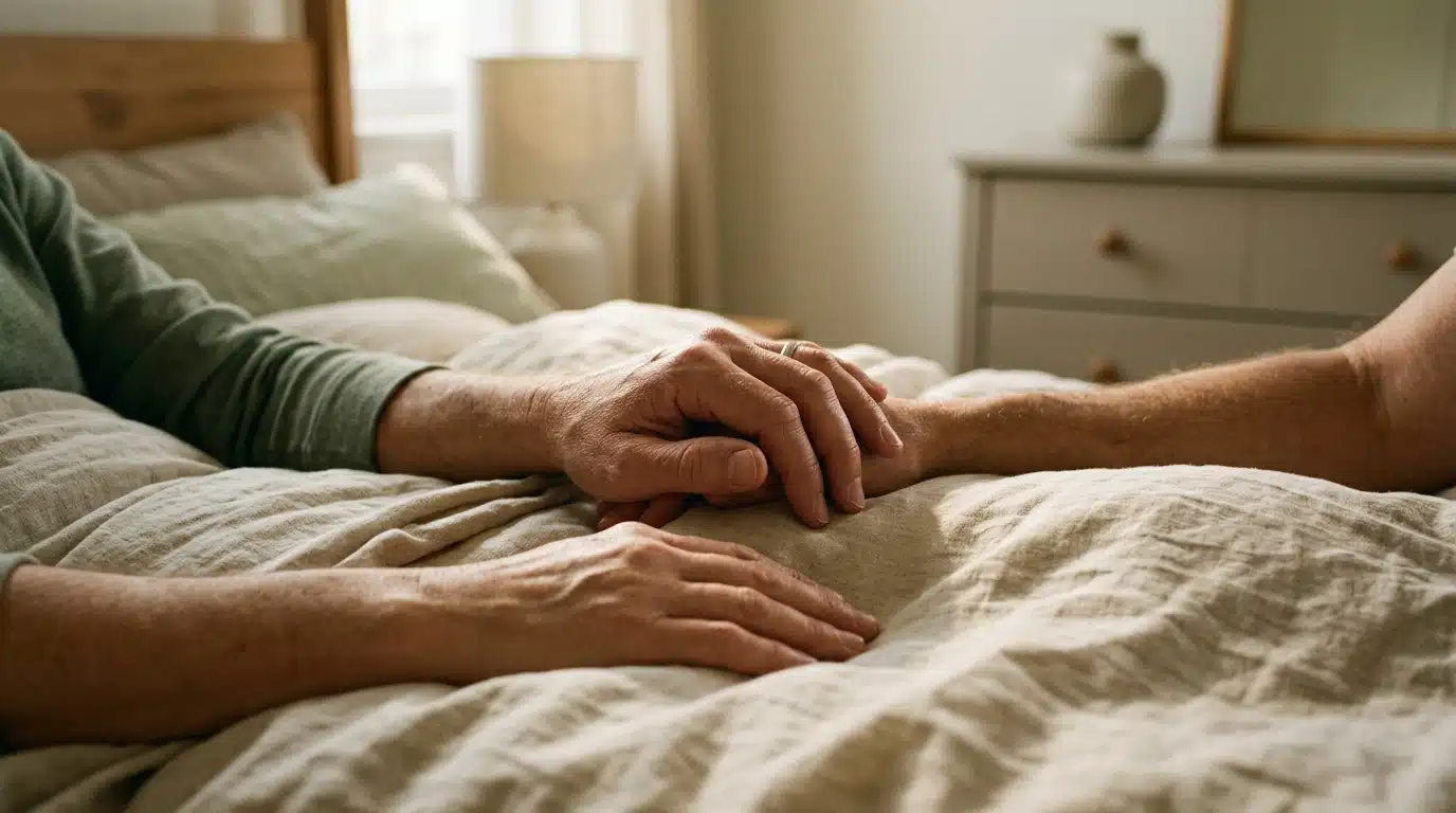 Mains enlacées d'un couple dans une chambre tamisée
