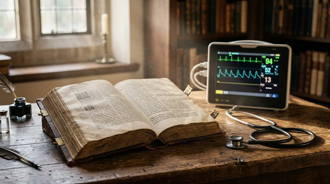 Livre ancien et stéthoscope posés sur un bureau