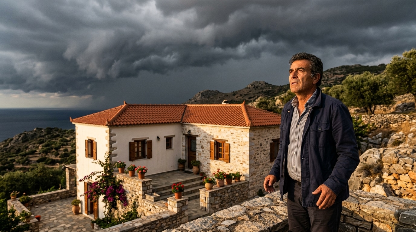 Homme inquiet regardant le ciel orageux avant la pluie