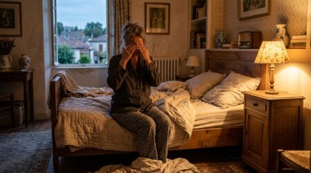 Femme fatiguée assise sur son lit le soir