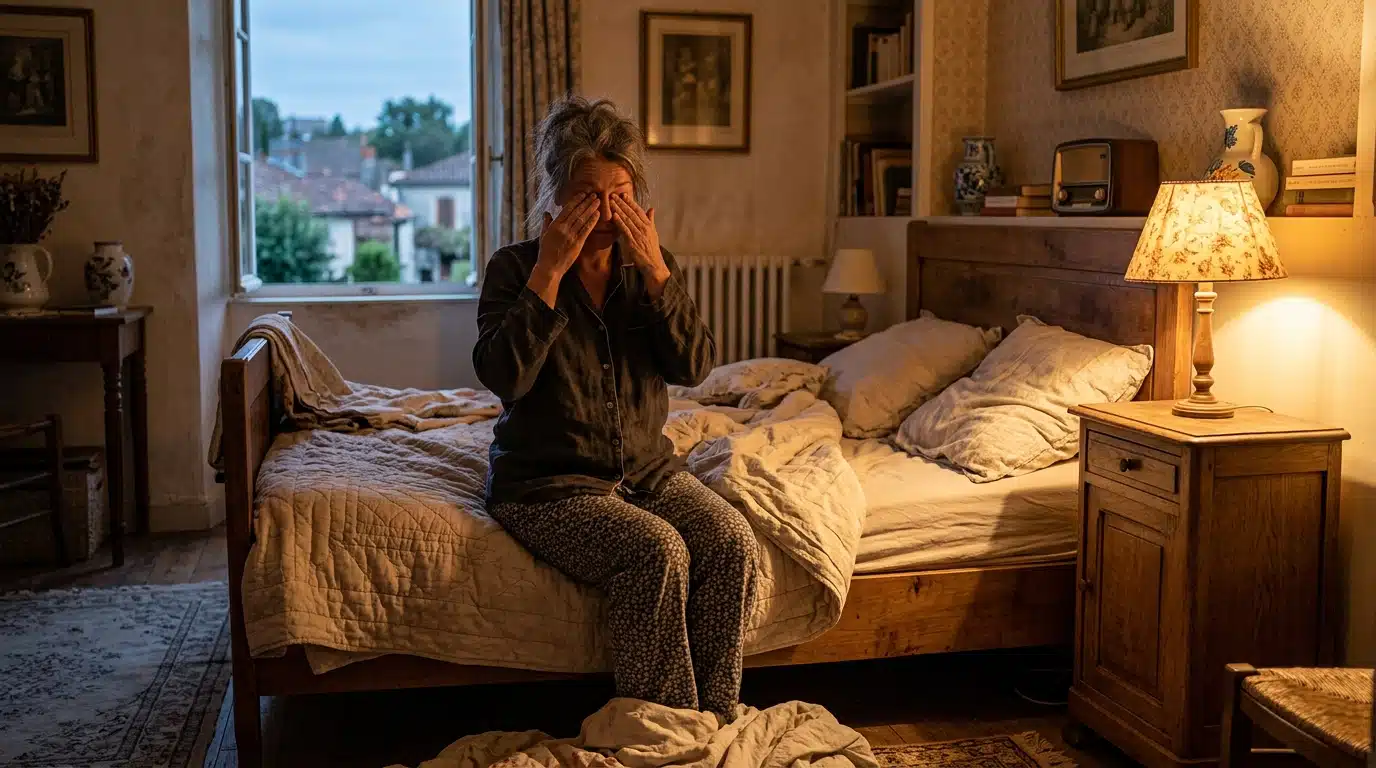 Femme fatiguée assise sur son lit le soir