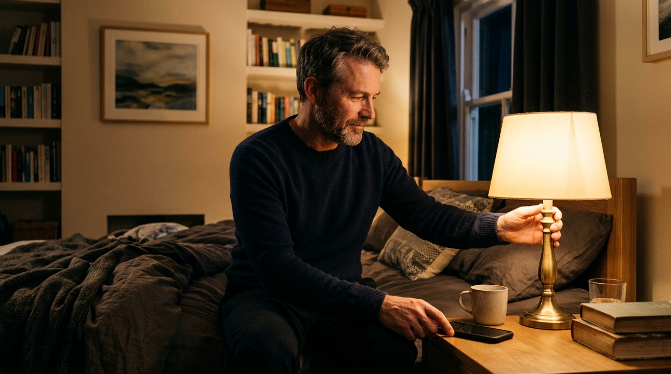Homme éteignant la lumière et son téléphone avant de dormir