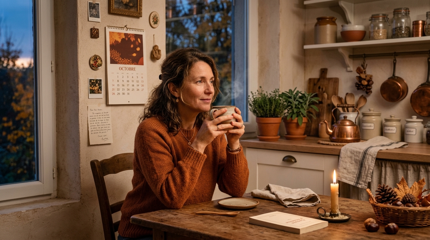 Femme buvant une tisane le soir en automne