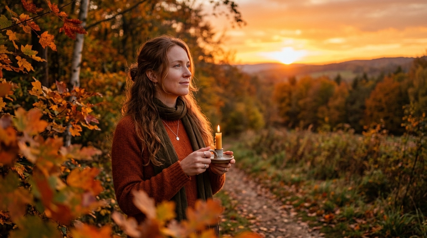 Femme sereine au coucher du soleil pendant l'équinoxe d'automne
