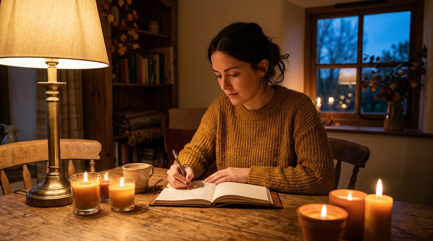 Femme écrivant son journal intime à la lumière chaude du soir