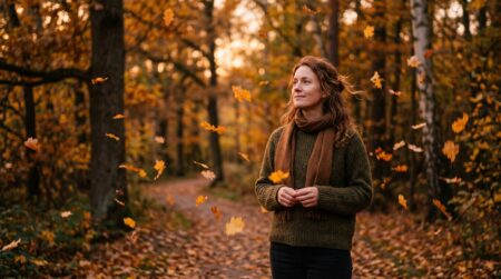 Femme pensive au crépuscule pendant l'équinoxe d'automne