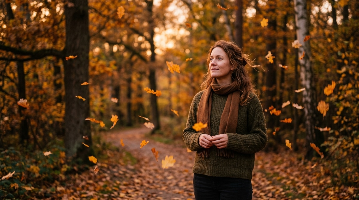 Femme pensive au crépuscule pendant l'équinoxe d'automne
