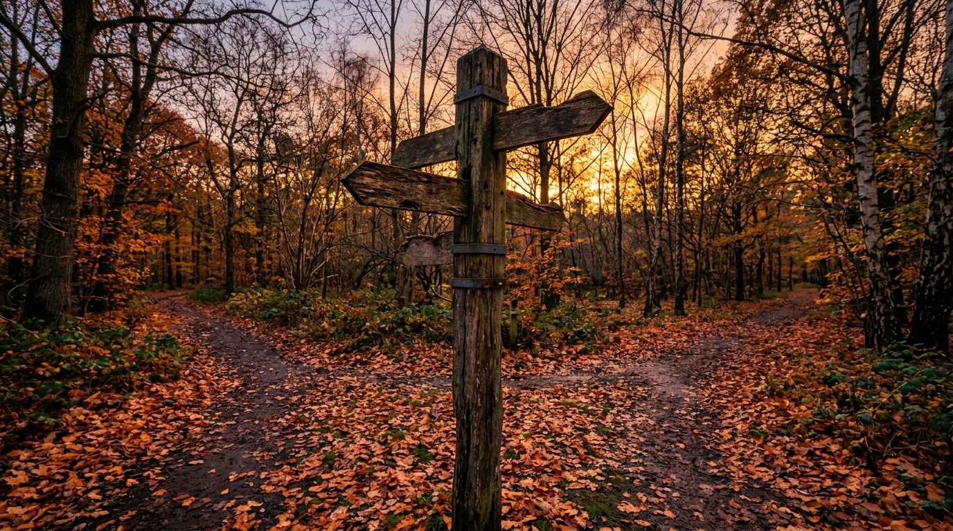 Panneau de bois à un carrefour en forêt automnale
