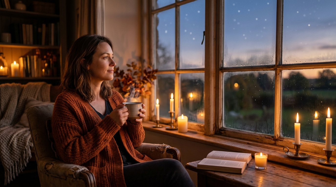 Femme sereine au crépuscule symbolisant l'équinoxe d'automne