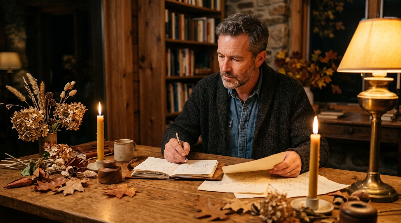 Homme faisant le bilan de ses finances à la bougie